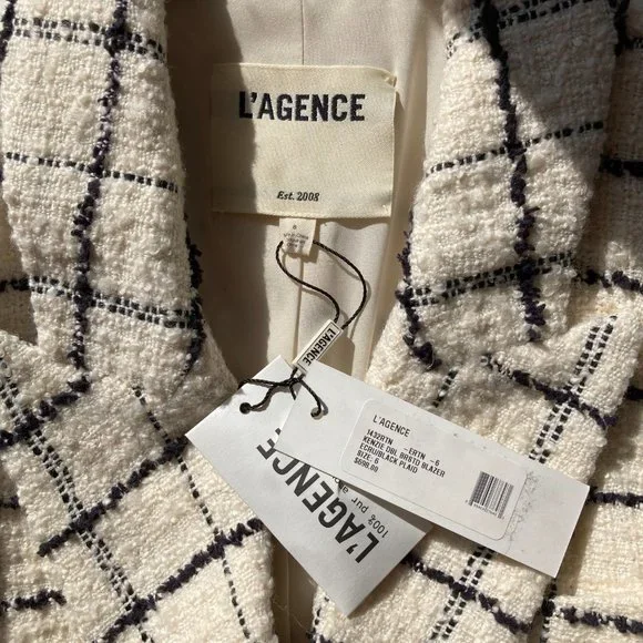 NWT L'AGENCE Kenzie White Check Boucle Tweed Double Breasted Blazer - Picture 11 of 13